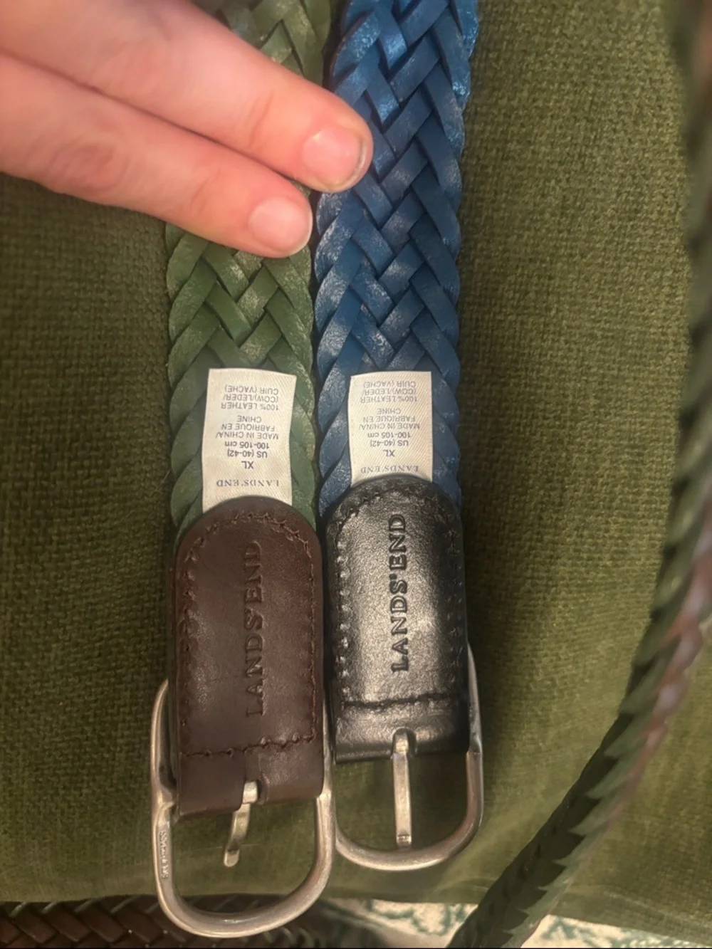 2 Lands' End Braided Leather Belt with solid brass/silver toned buckle